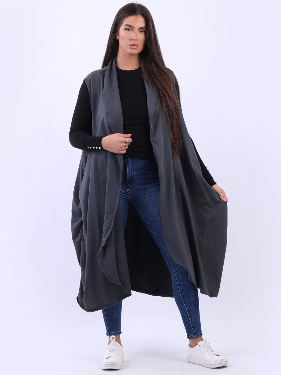 Oversized Cotton Sleeveless Long Cardigan Charcoal