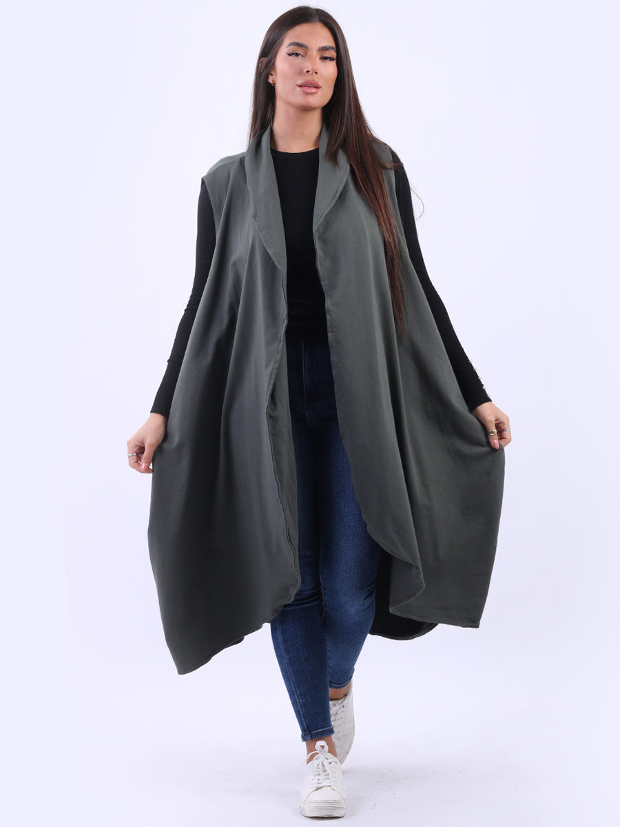 Oversized Cotton Sleeveless Long Cardigan Khaki