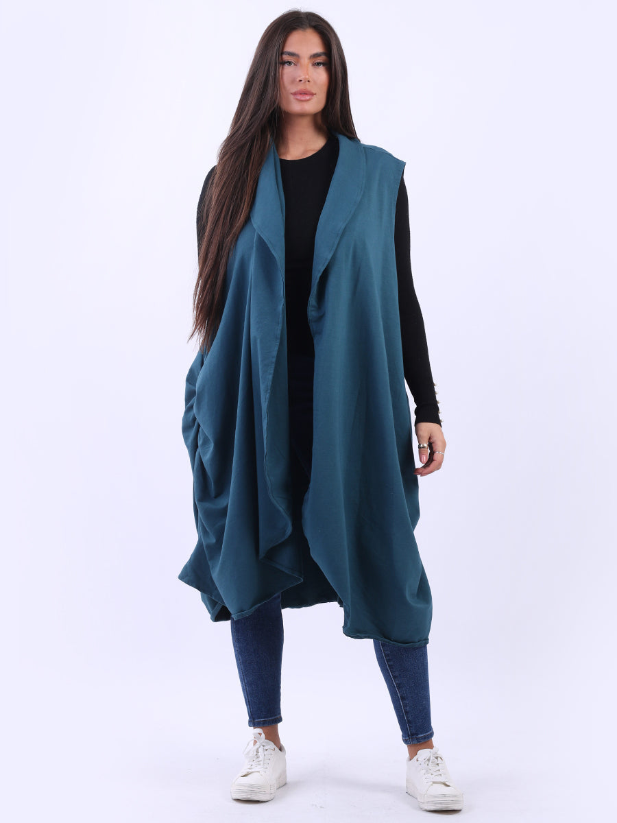 Oversized Cotton Sleeveless Long Cardigan Teal