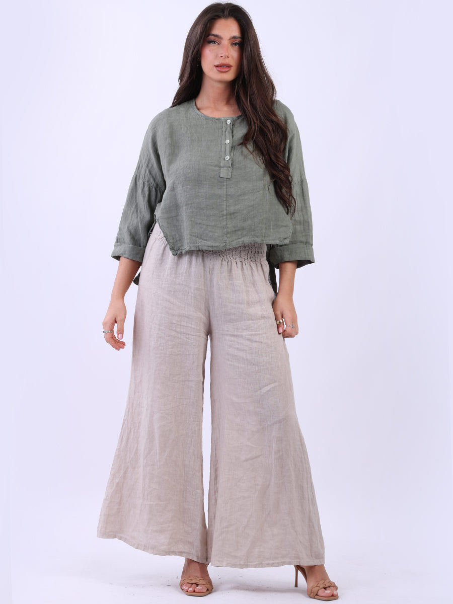 Linen Crop Shirt Top Khaki