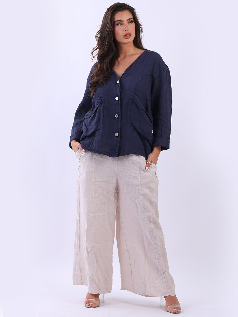 Linen Button Down Jacket Navy