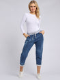 Italian Plain Loose Pockets Cotton Ladies Trouser-Denim