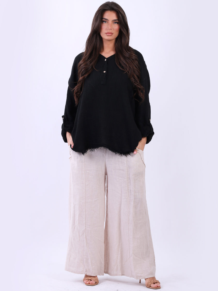 Oversized Plain Linen Top Black