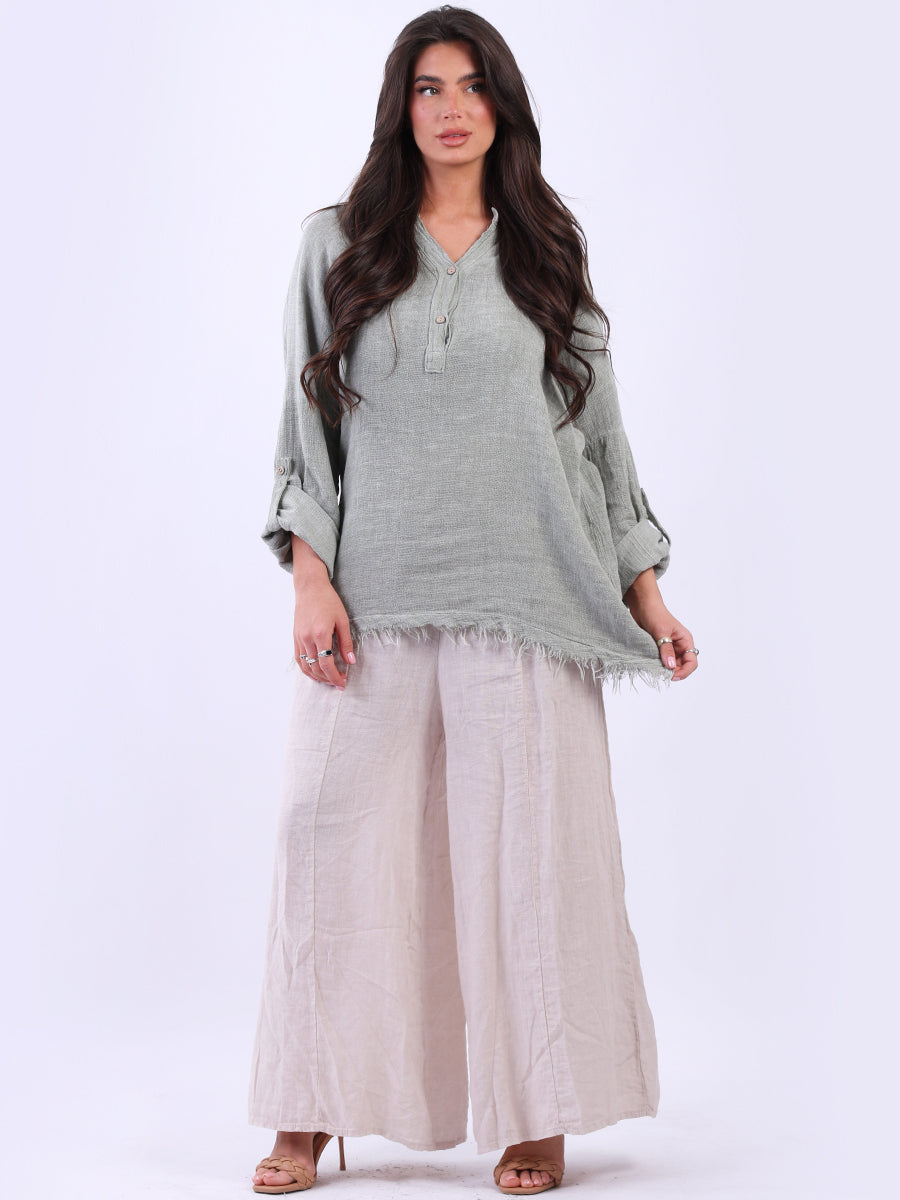 Oversized Plain Linen Top Khaki