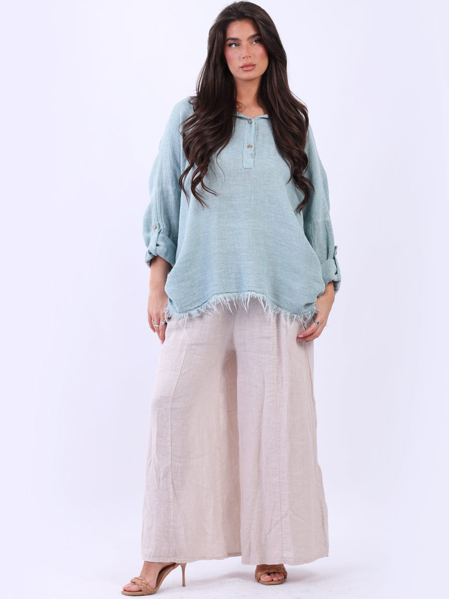 Oversized Plain Linen Top Ocean Blue