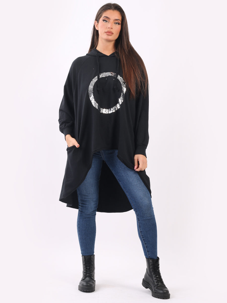 Plain Cotton Dip Hem Ladies Oversized Sequin Hoodie