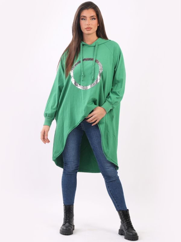 Plain Cotton Dip Hem Ladies Oversized Sequin Hoodie