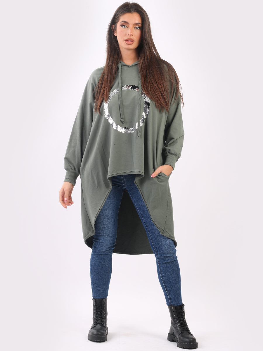 Plain Cotton Dip Hem Ladies Oversized Sequin Hoodie