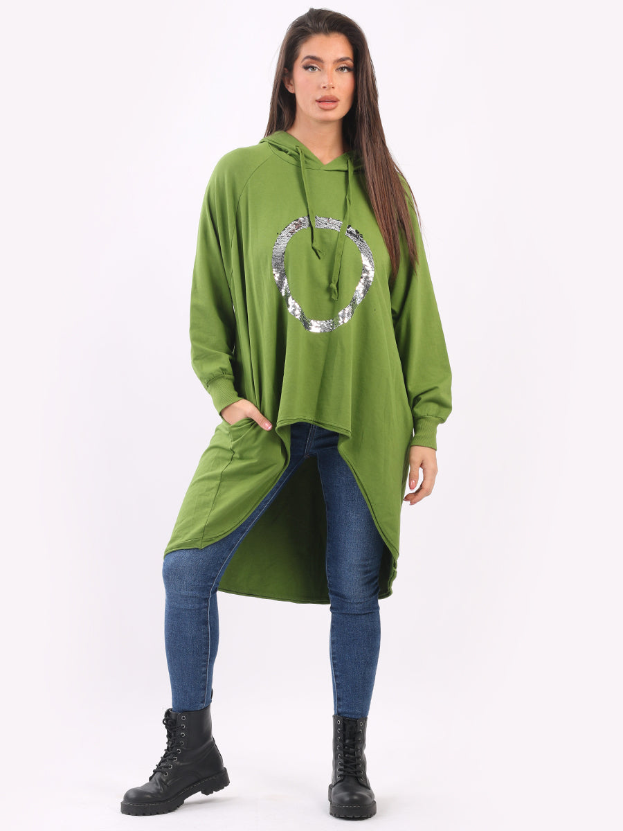 Plain Cotton Dip Hem Ladies Oversized Sequin Hoodie