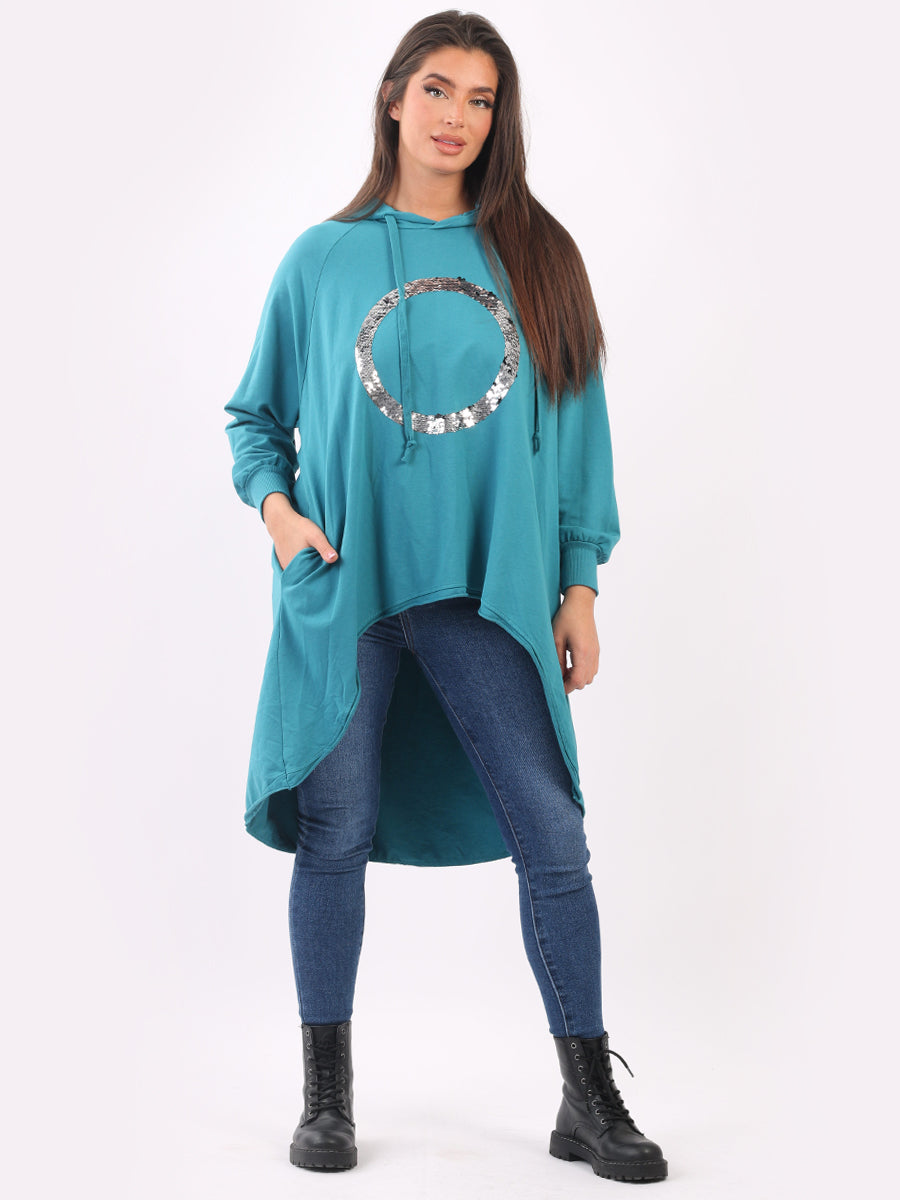 Plain Cotton Dip Hem Ladies Oversized Sequin Hoodie
