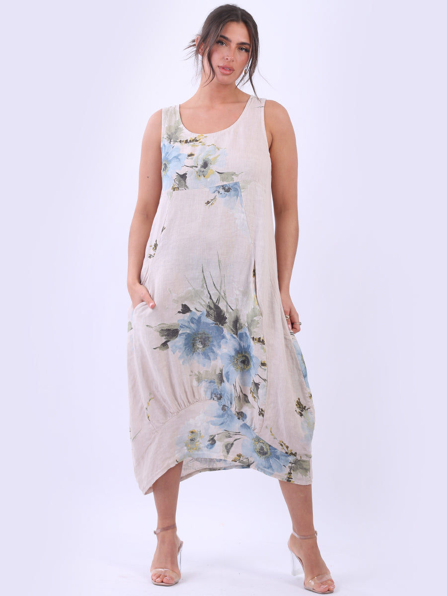 Linen Sleeveless Floral Tank Dress Beige