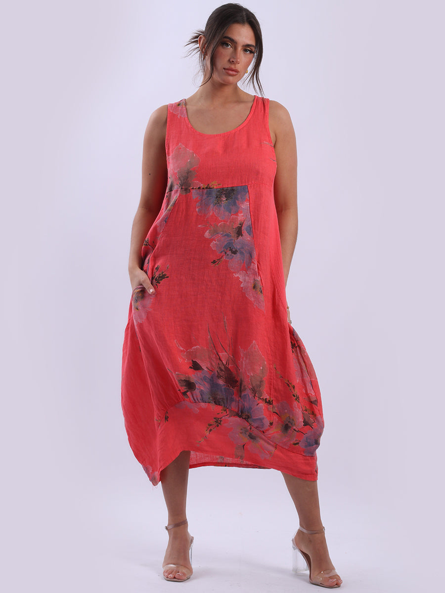 Linen Sleeveless Floral Tank Dress Coral