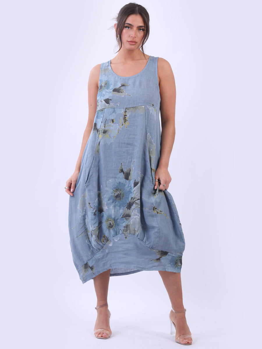 Linen Sleeveless Floral Tank Dress Denim