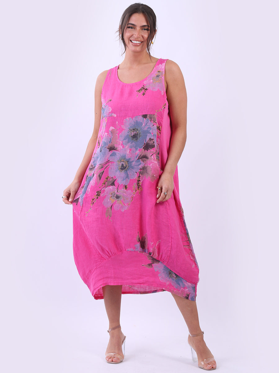 Linen Sleeveless Floral Tank Dress Fuchsia