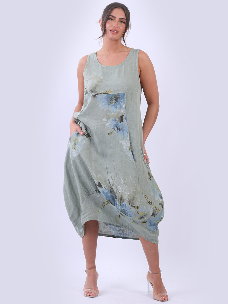 Linen Sleeveless Floral Tank Dress Khaki