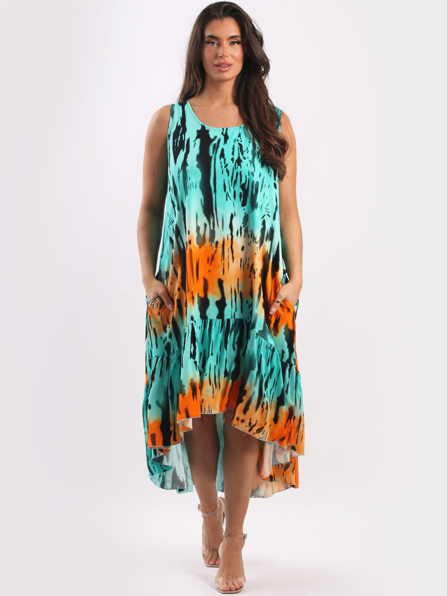 Ladies Digital Tie Dye Print Flared High Low Tank Dress