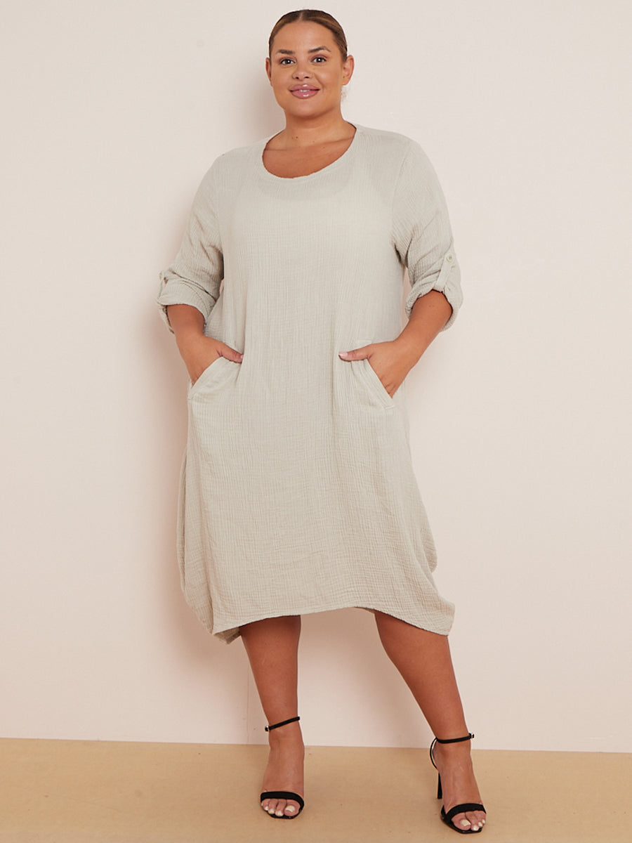 Oversized Cotton Midi Dress Beige