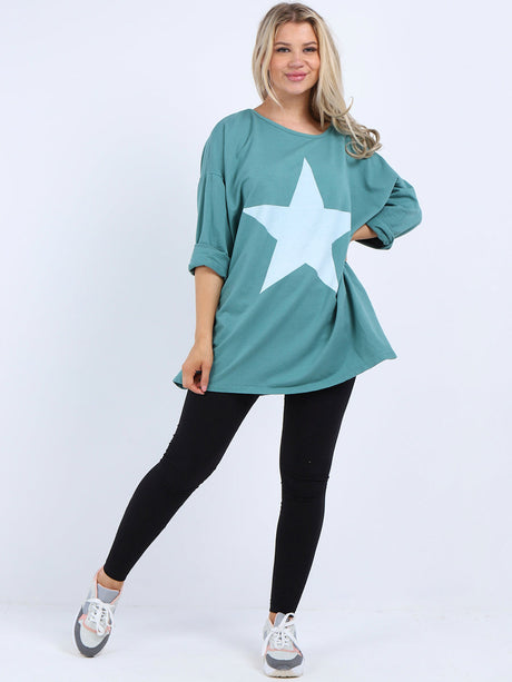 Star Print Cotton Shirt Ocean Blue