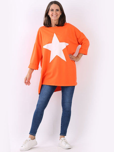 Star Print Cotton Shirt Orange