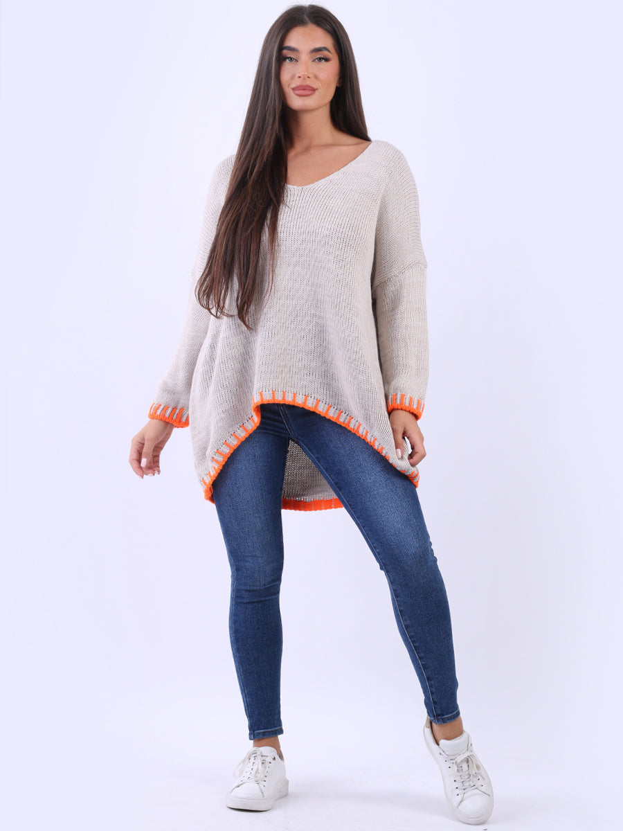 Blanket Stitch Woolen Knit Jumper Beige