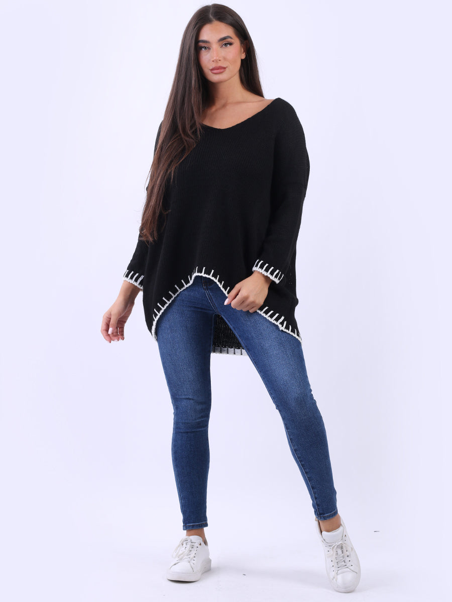 Blanket Stitch Woolen Knit Jumper Black