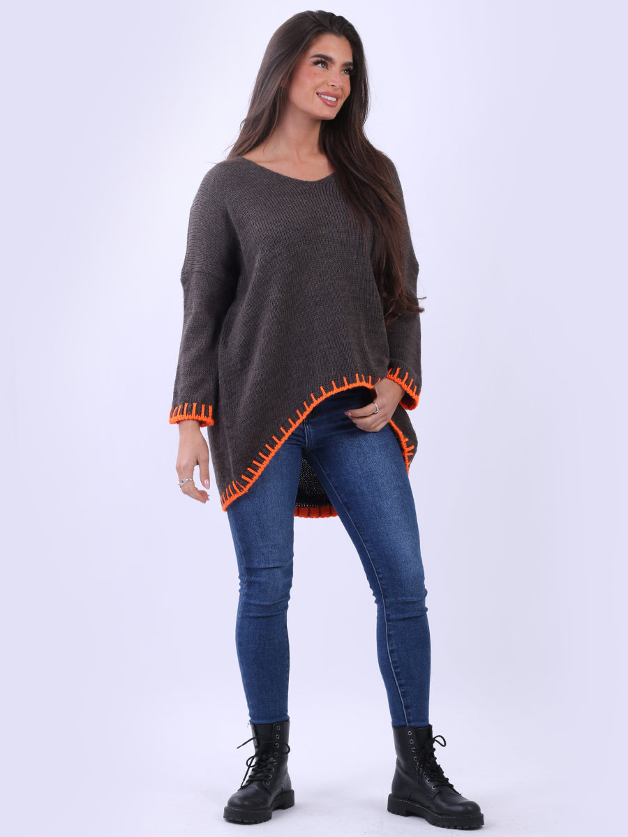 Blanket Stitch Woolen Knit Jumper Chocolate