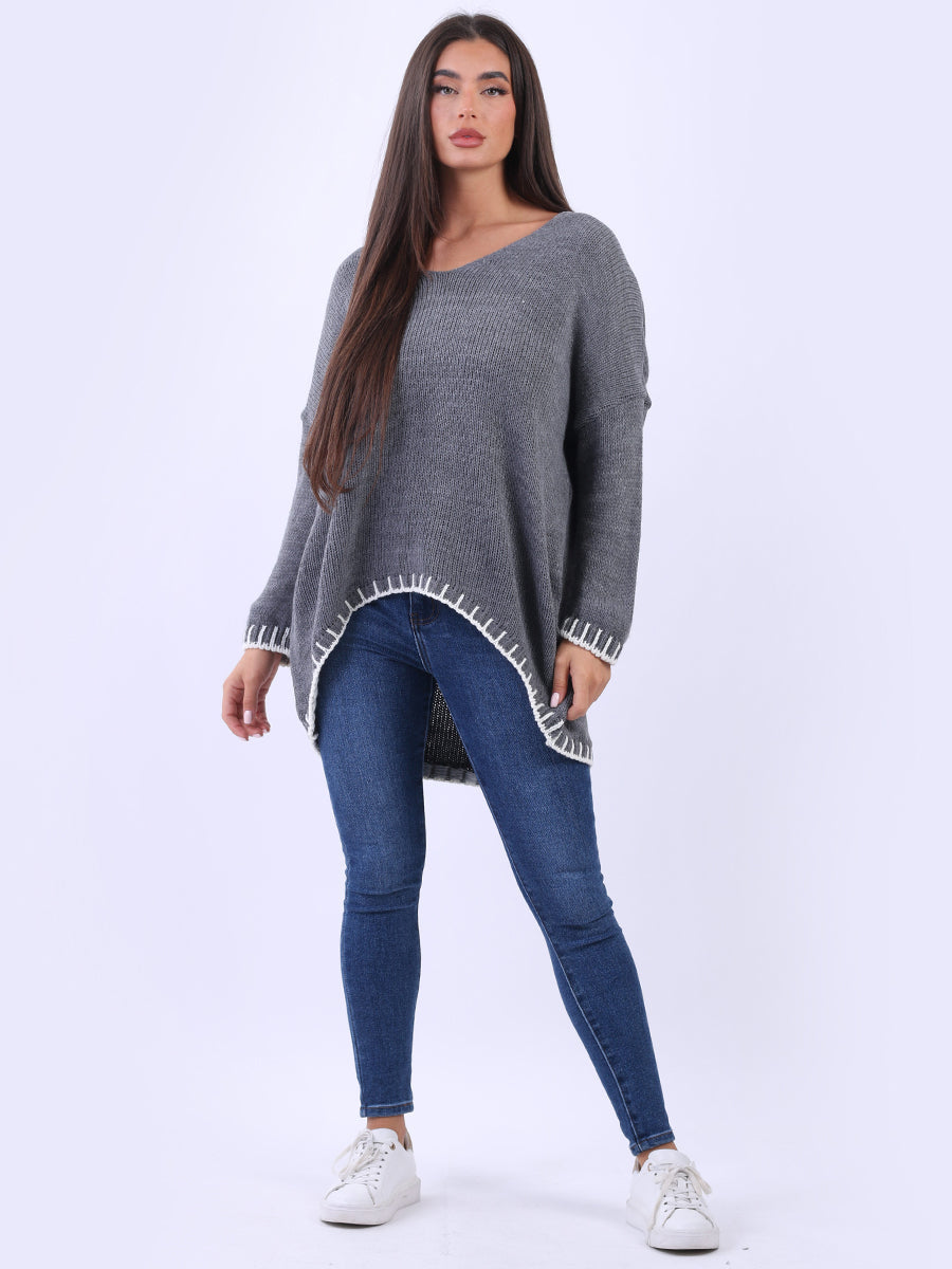 Blanket Stitch Woolen Knit Jumper Dark Grey