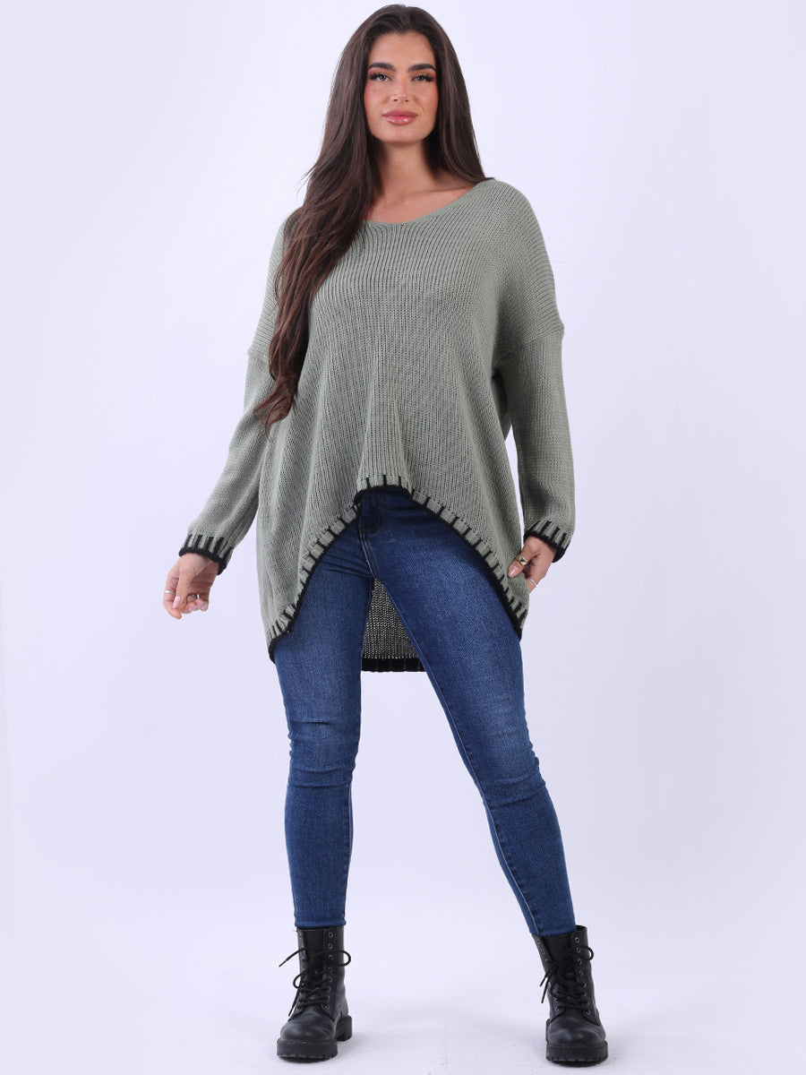 Blanket Stitch Woolen Knit Jumper Khaki