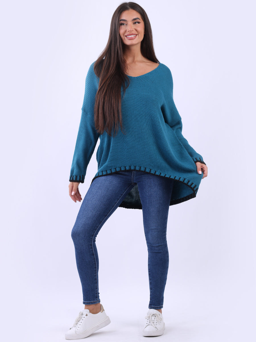 Blanket Stitch Woolen Knit Jumper Teal