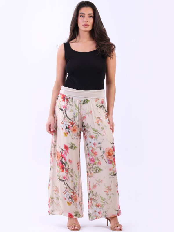 Wide Leg Floral Silk Trouser Beige