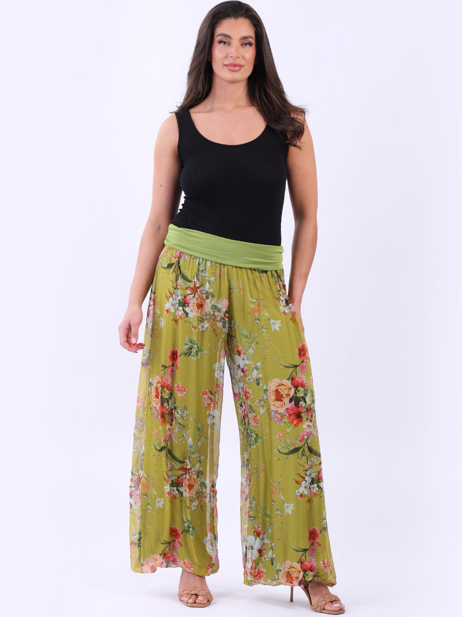 Wide Leg Floral Silk Trouser Olive