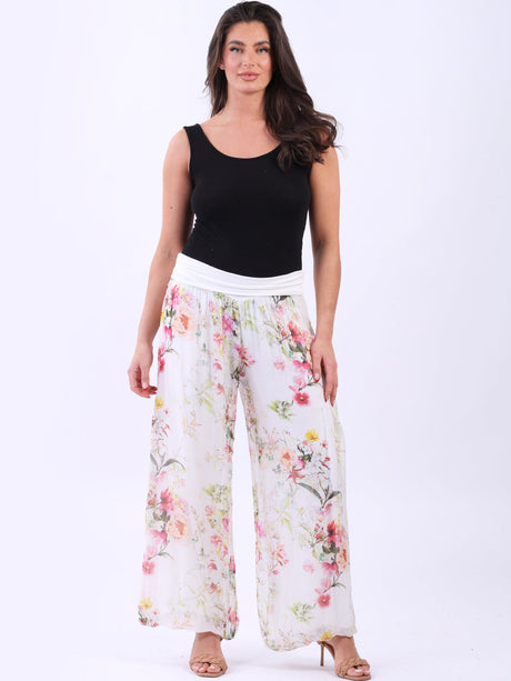 Wide Leg Floral Silk Trouser White