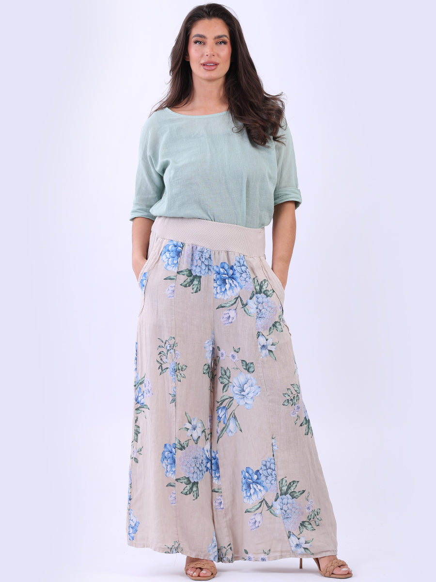 Wide Leg Linen Floral Palazzo Beige