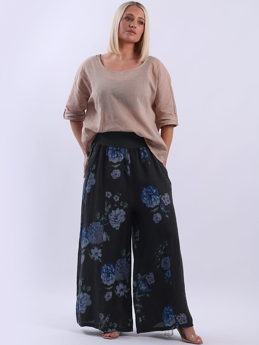 Wide Leg Linen Floral Palazzo Charcoal