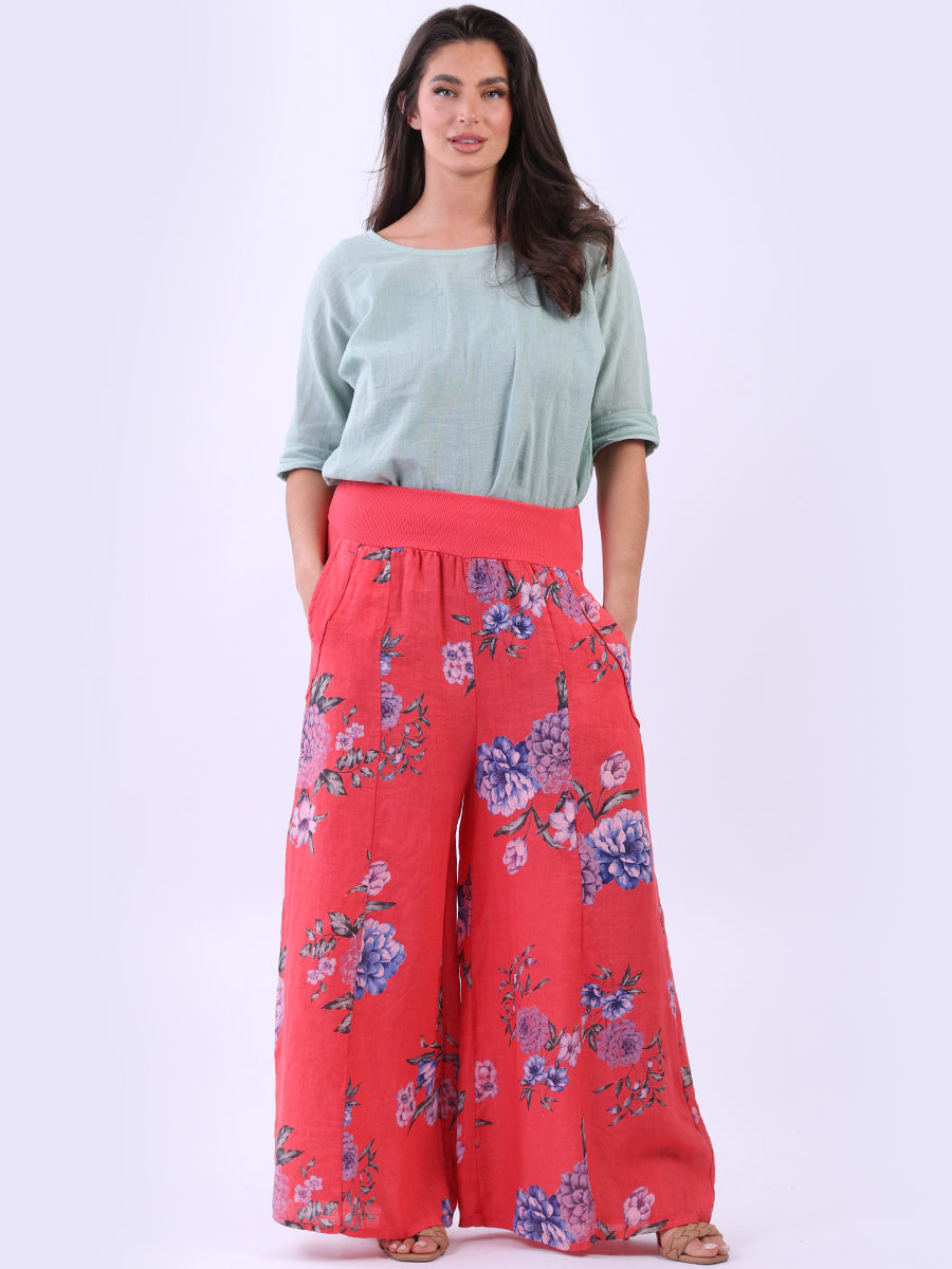 Wide Leg Linen Floral Palazzo Coral