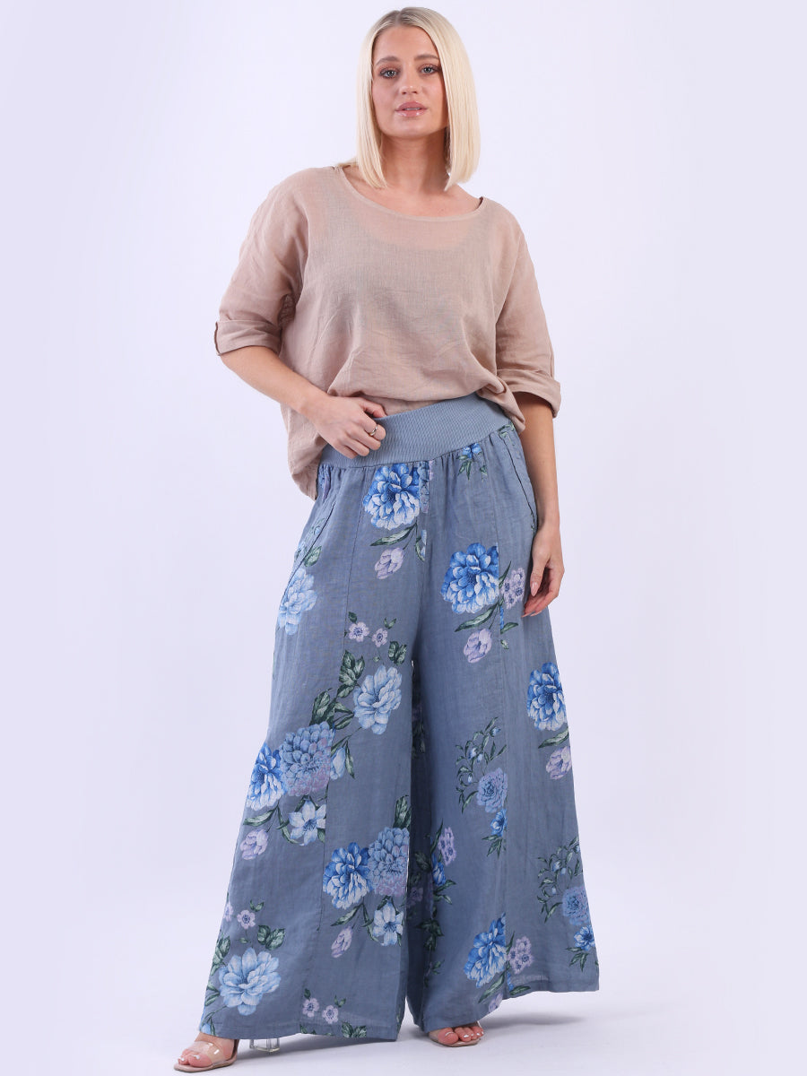 Wide Leg Linen Floral Palazzo Denim