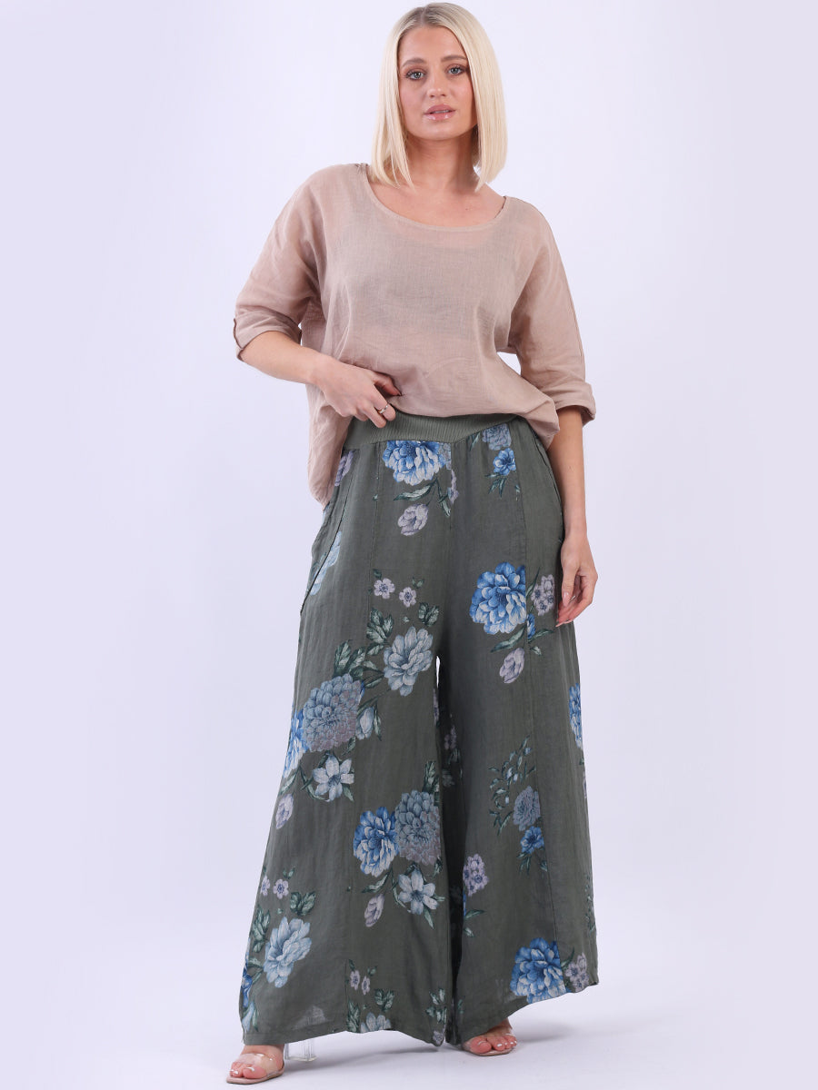 Wide Leg Linen Floral Palazzo Khaki