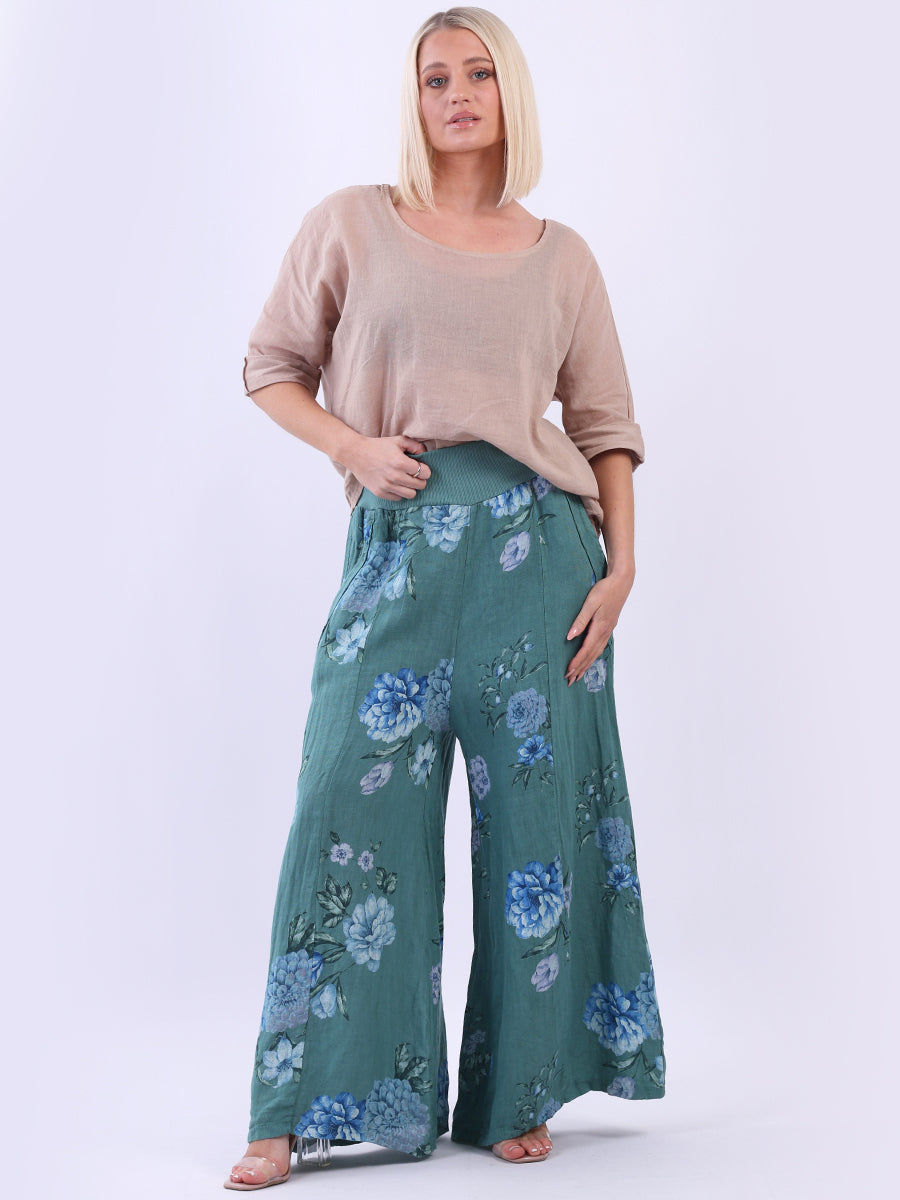 Wide Leg Linen Floral Palazzo Ocean Blue