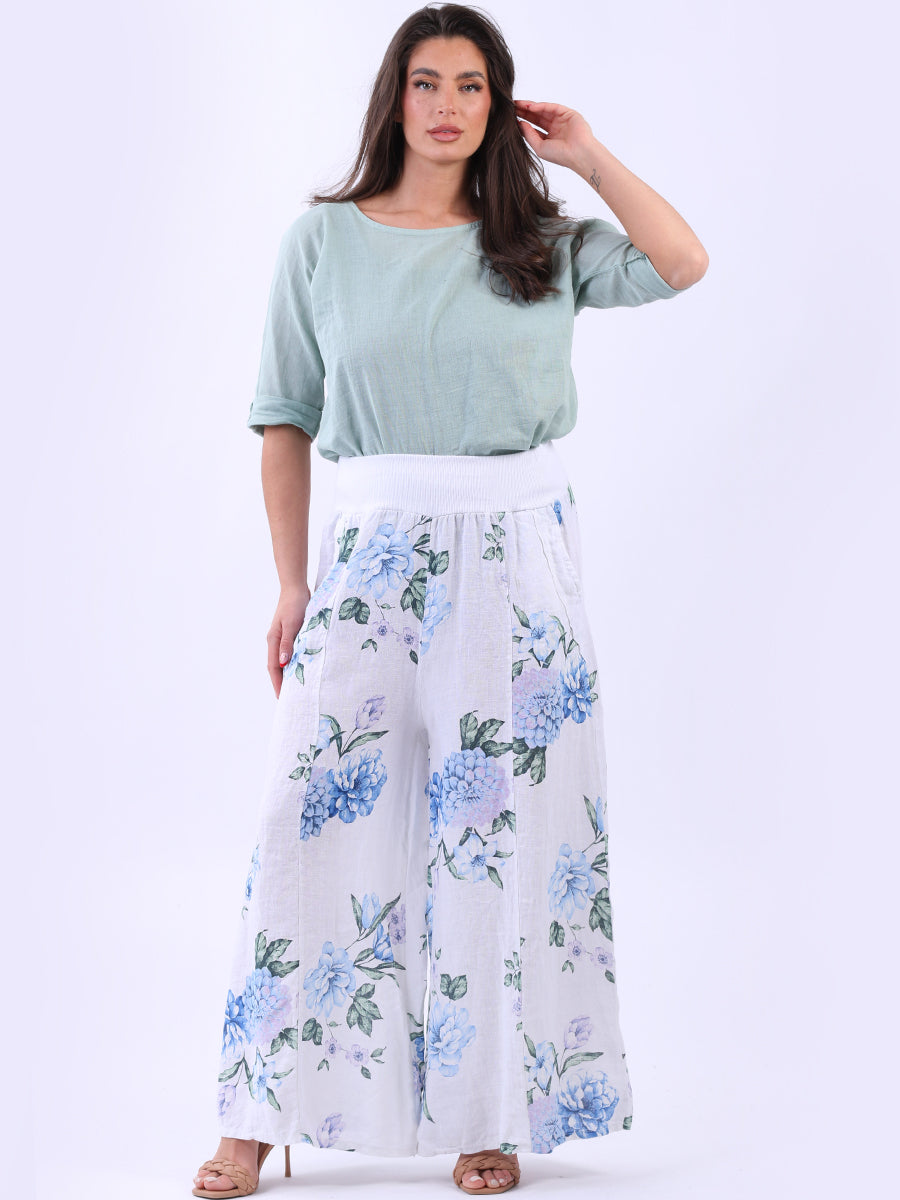 Floral Linen Wide Leg Palazzo White