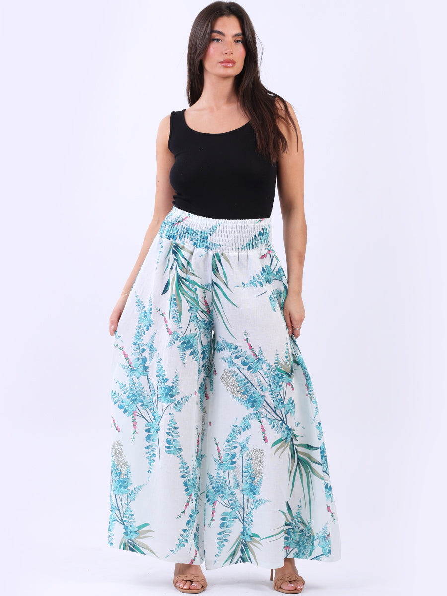 Wide Leg Jungle Print Smocked Linen Palazzo