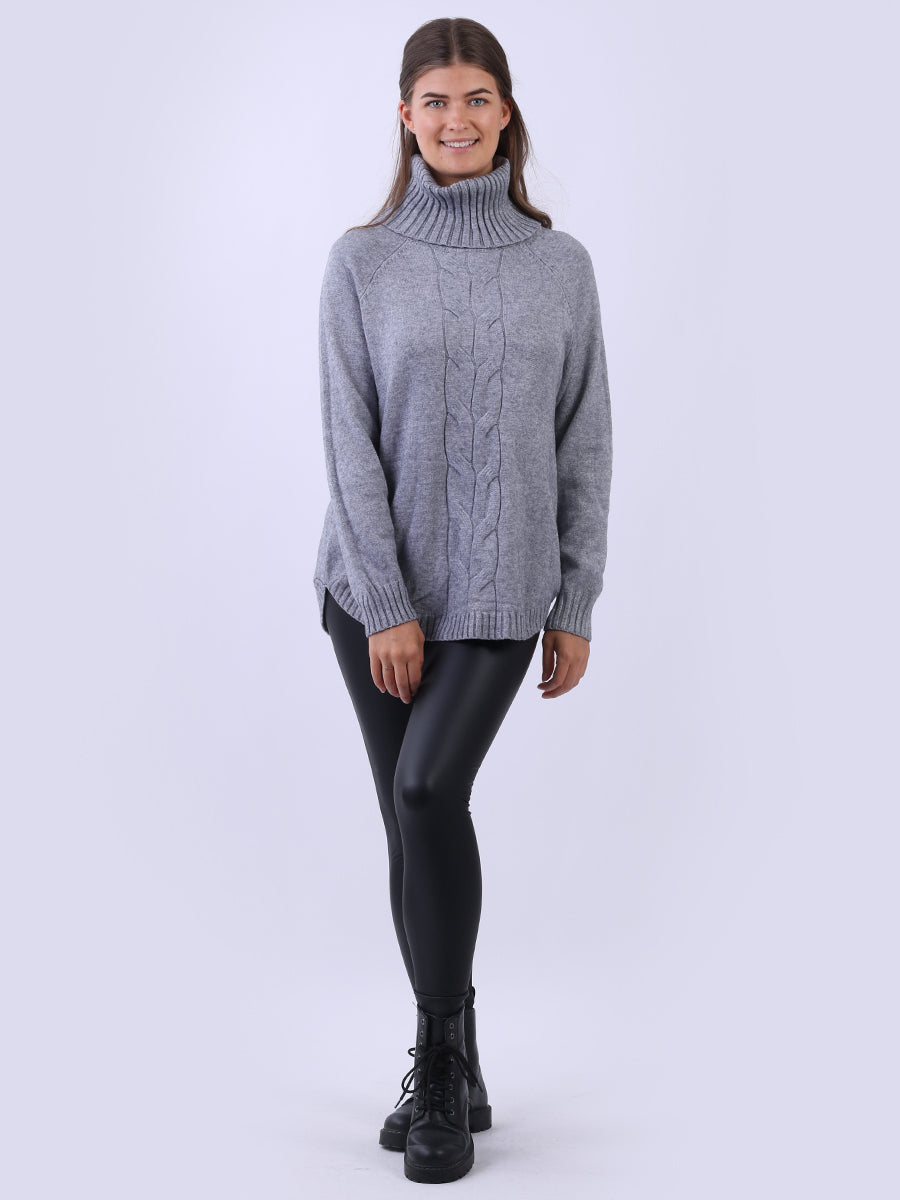 Cowl Neck Cable Knit Jumper Dark Grey