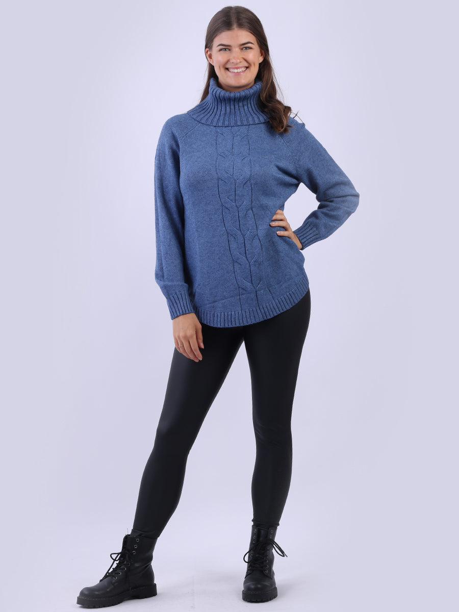 Cowl Neck Cable Knit Jumper Denim