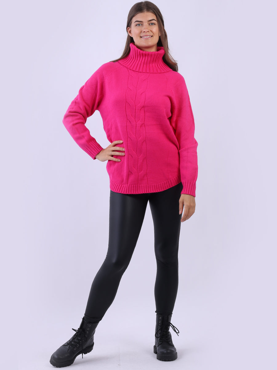 Cowl Neck Cable Knit Jumper Fuchsia