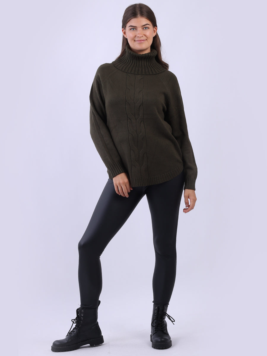 Cowl Neck Cable Knit Jumper Khaki