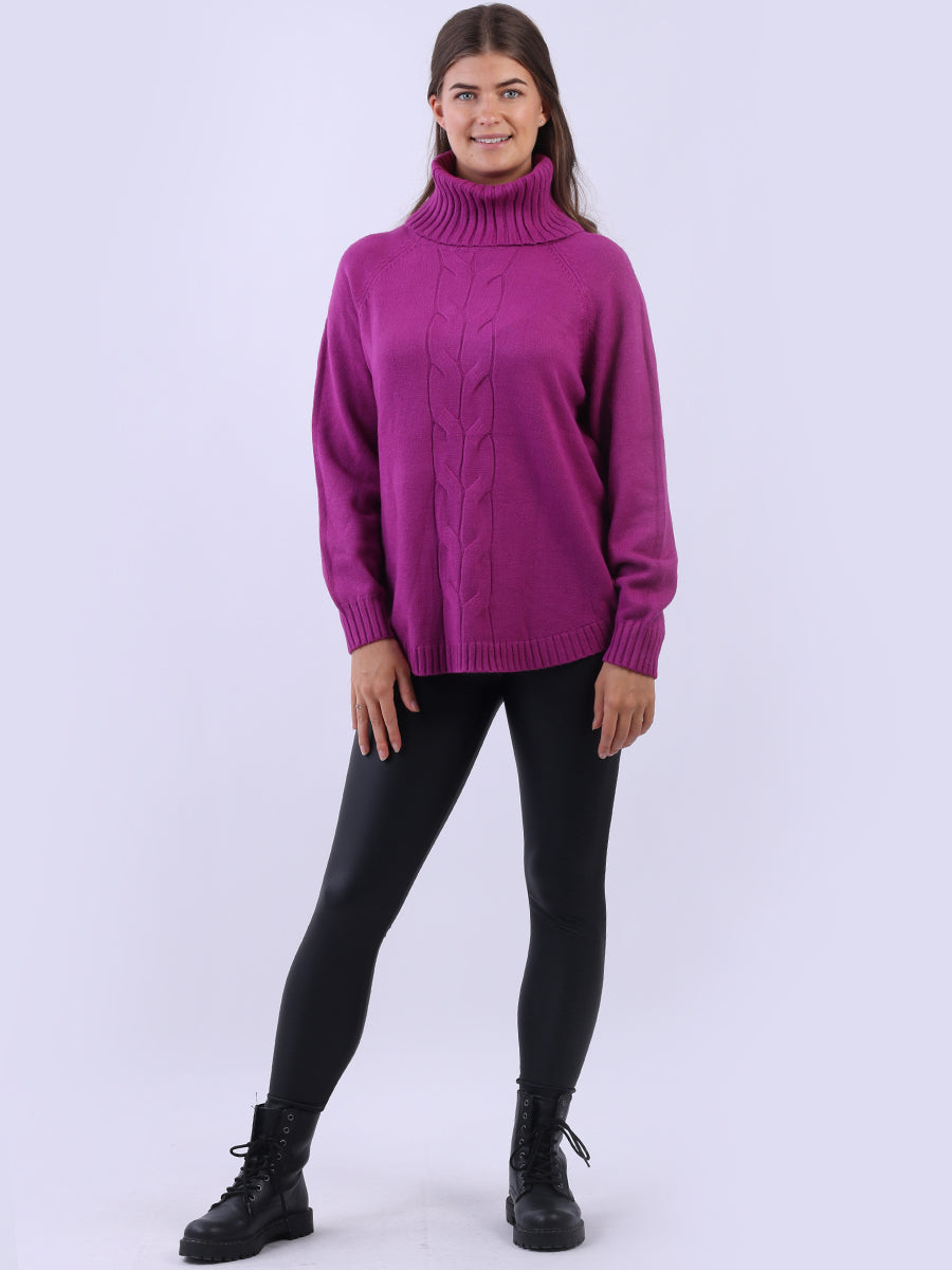 Cowl Neck Cable Knit Jumper Magenta