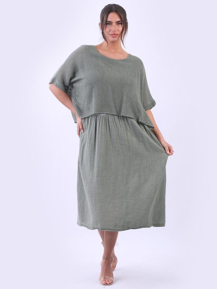 Mesh Net Cotton Dress Khaki