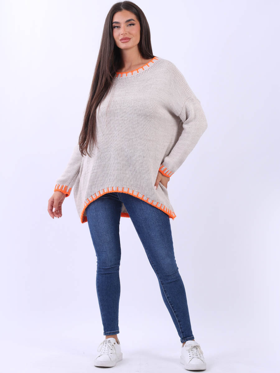 Blanket Stitch Wooly Knit Jumper Beige