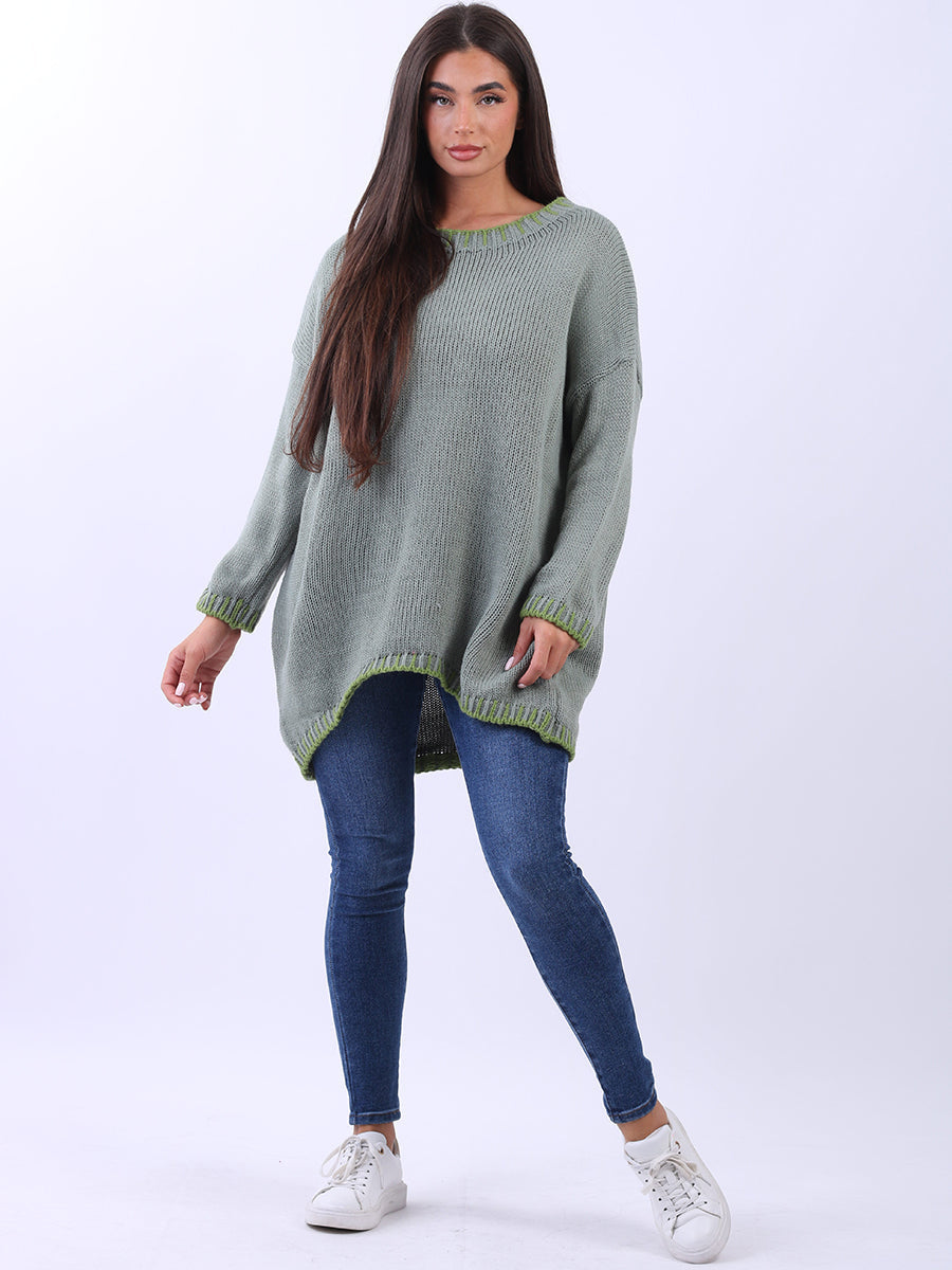 Blanket Stitch Wooly Knit Jumper Khaki