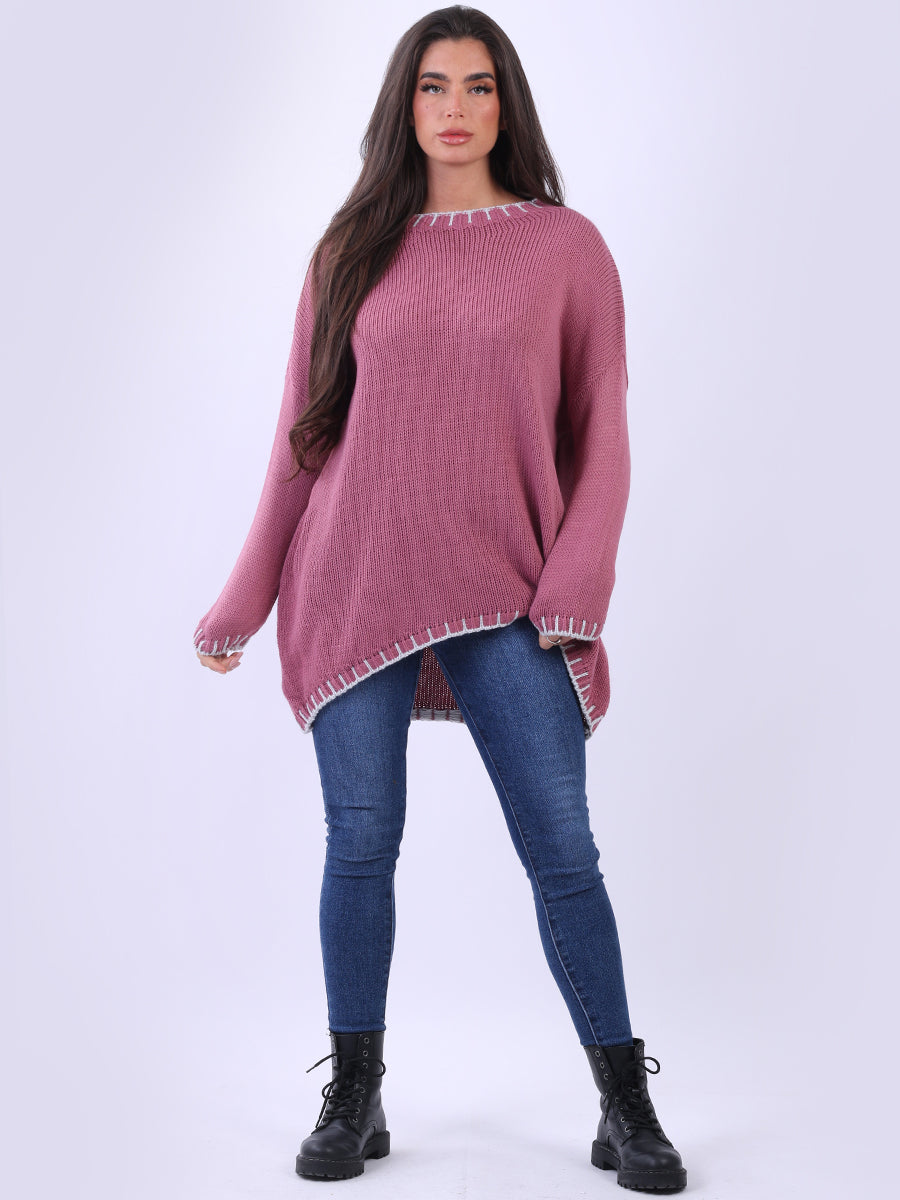Blanket Stitch Wooly Knit Jumper Raspberry
