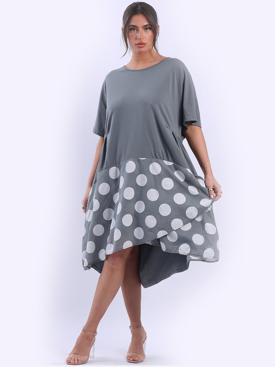 Polka Dot Contrast Cotton Dress Dark Grey